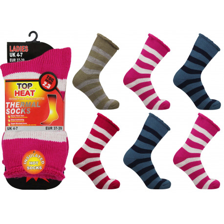 Ladies 4-7 Top Heat Insulated Brushed Striped Thermal 2.3 TOG Rated Socks